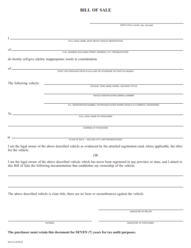 Vehicle Bill of Sale Preview