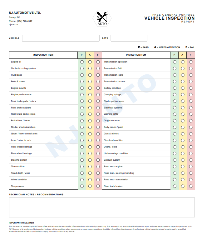 Preview of the NJ AUTO Vehicle Inspection Report